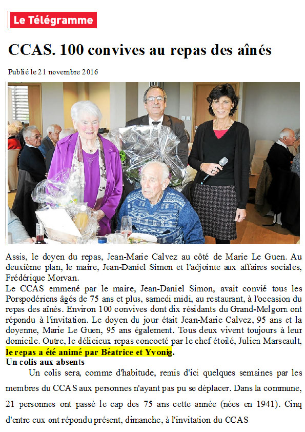 article Le Télégramme du 21 novembre 2016