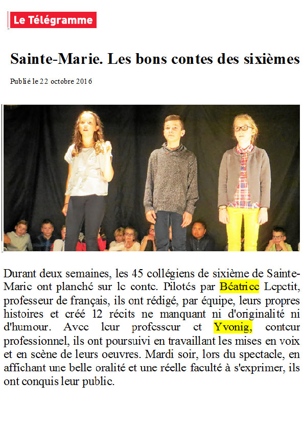 article Le Télégramme du 22 octobre 2016